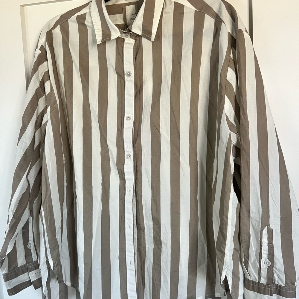 Aerie Men's Striped Button Down Shirt - Taupe and White